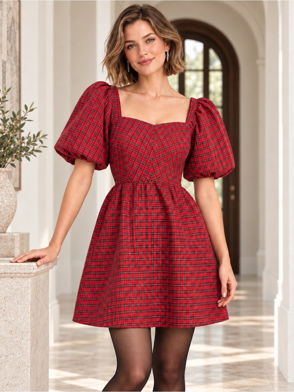 Old Navy Red Tartan Plaid Puff Sleeve Mini Dress Sweetheart Neckline Holiday